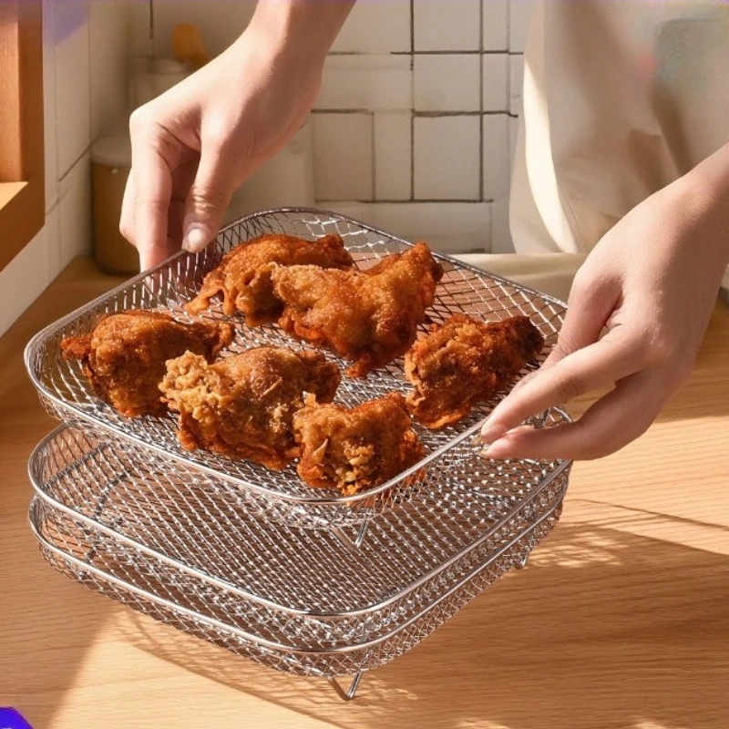 Three Layer Stackable Air Fryer Accessories Stainless Steel Barbecue Dehydration Rack Oven Universal Anti Scald Food Oil Rack
