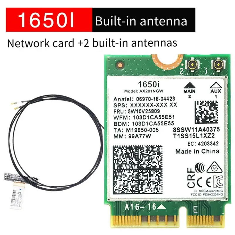 1650I AX201NGW Wifi 카드 + 2Xantenna 3000Mbps WIFI6 2.4G/5G 듀얼 밴드 Cnvio2 블루투스 5.1 Wifi 어댑터 (Win10/Win11용)