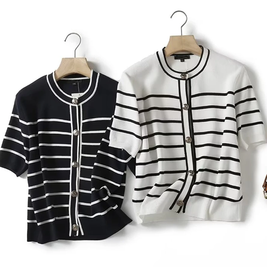 

Withered French Fashion Office Ladies Single Breasted Simple Round Neck Striped Top Knit Cardigan Casual Sweaters Women