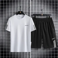 Three bar men's sports suit summer ice silk breathable mesh quick drying clothes quick drying pants outdoor running two-piece se 1