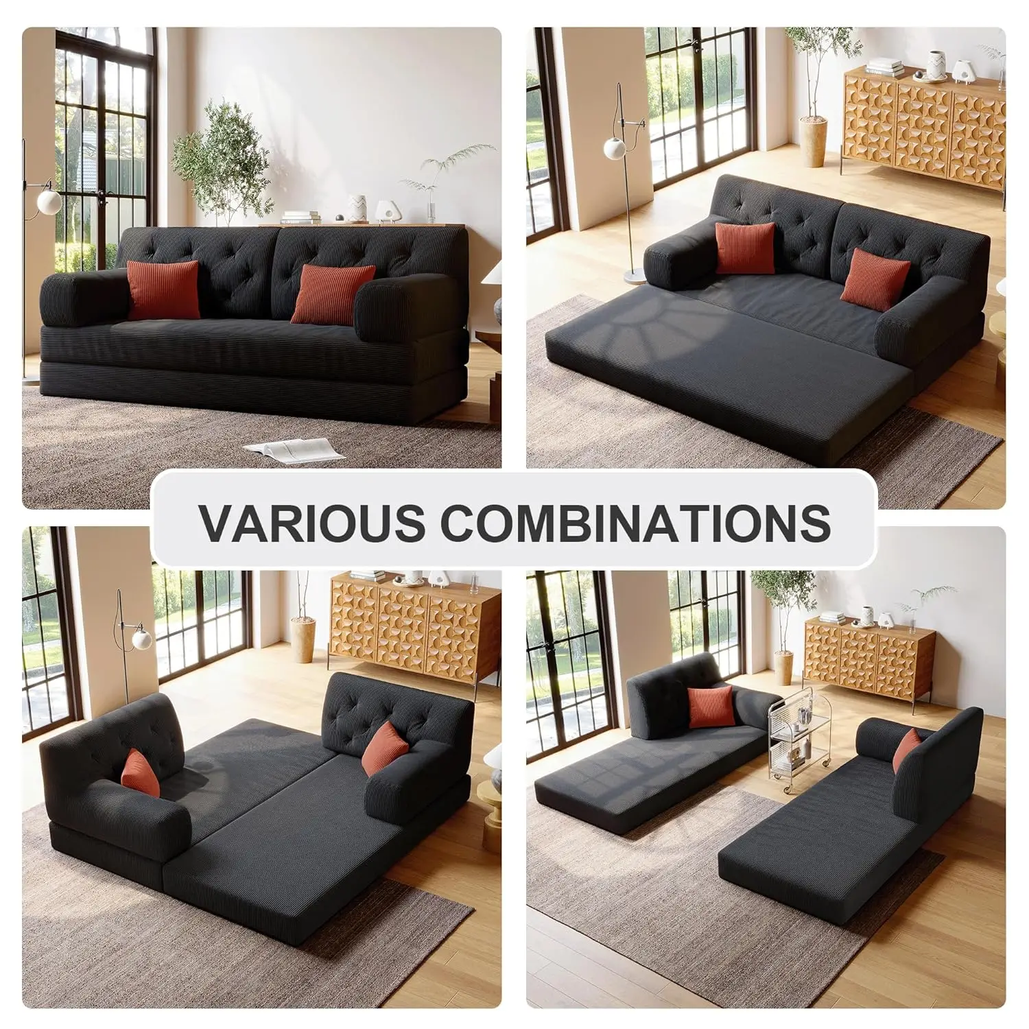 5-in-1 Folding Convertible Sofa Bed, Loveseat Sleeper with Pull-Out Bed, Floor Sofa Modular Futon Couch, 79 3