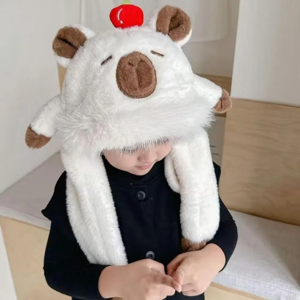 New Cute Capybara Warm Hat Windproof Cold Proof Ear Protection Cap with Movable Ears Hooded Hat Scarf Children