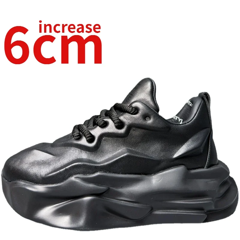 

Eur/American Sports Shoes for Men Increased 6cm Ins Trendy Black Warrior Monster Dad's Shoes Genuine Leather Elevator Shoes Male