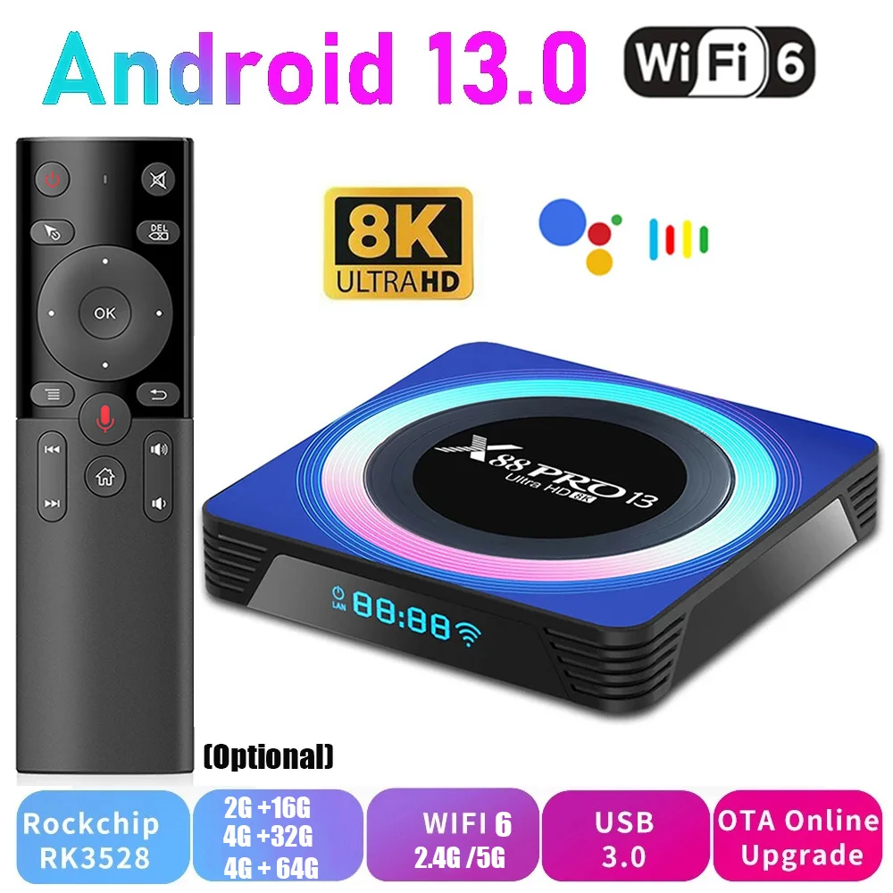 

X88 PRO 13 Smart TV Box Android 13 TV Box 8K HD WIFI6 Set Top Box BT5 OTA Upgrade IPTV RK3528 Quad-Core 64bit Mali450 MP2 Media