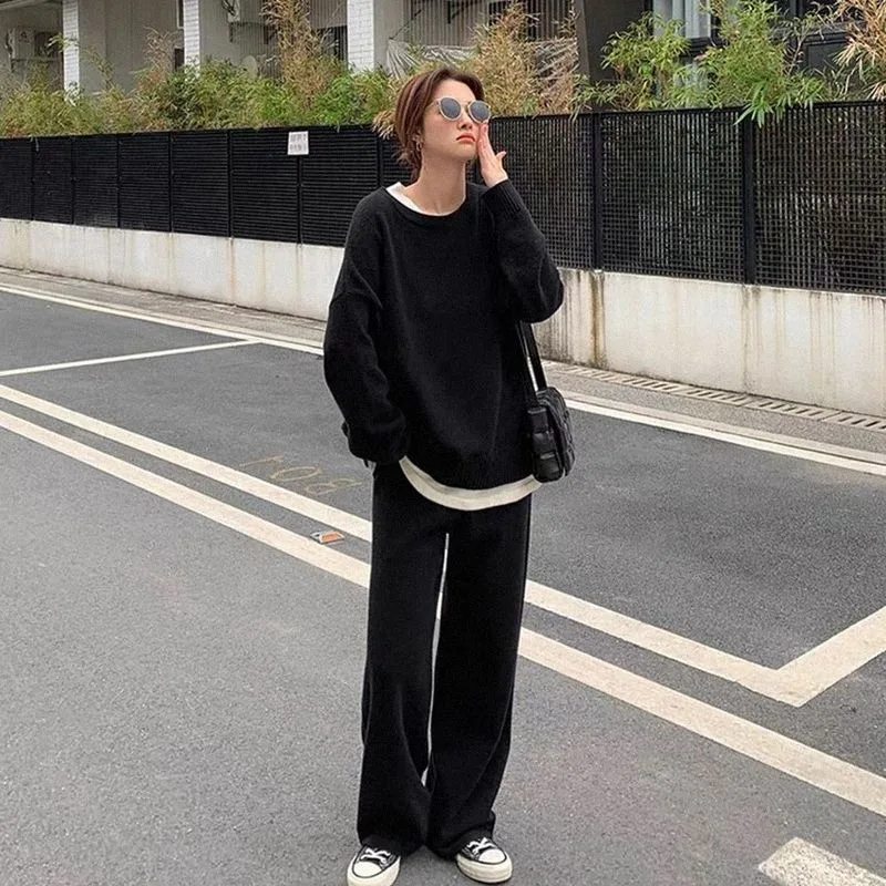 2023 New Autumn Winter Solid Color Fake Two Piece Design Women Casual Sports Knitted Sweater Two Piece Set men s autumn and winter new fake two piece round neck sweater couple contrast design knit men s sweater