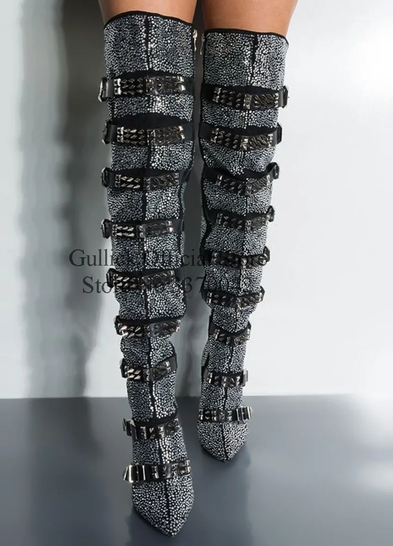

Luxury Crystal Belted Thigh High Boots Black Buckle Rivets Over The Knee Boots Pointed Toe Studded Rhinestone Runway Boot