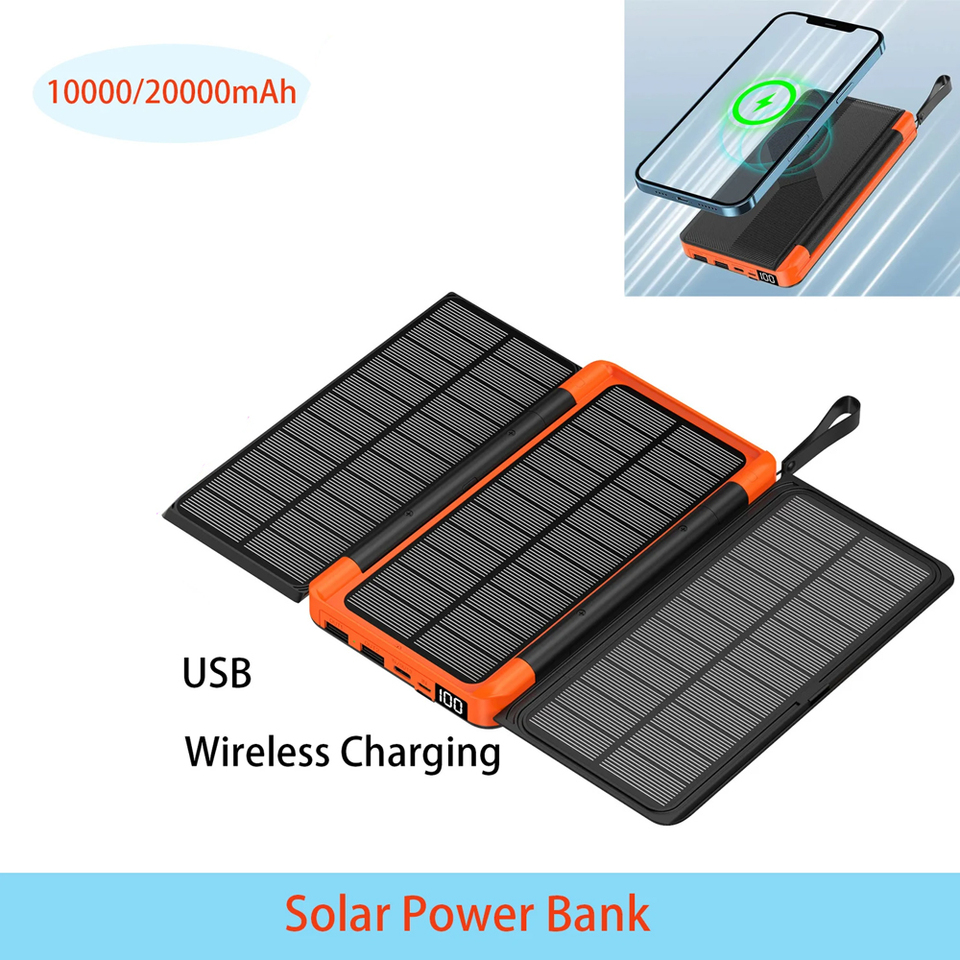 10000/20000mAh Solar Power Bank Hidden Flip Solar Panel Portable Solar Power Bank with USB Wireless Charging for Travel Camping