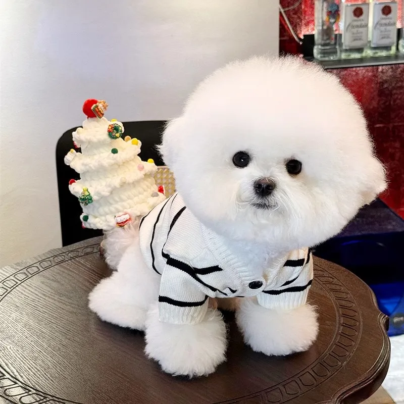 스트라이프 개 가디건 스웨터 니트 코트, 럭셔리 강아지 옷, 치와와 코스튬 소녀 개 복장, 비숑 의류, 강아지 재킷