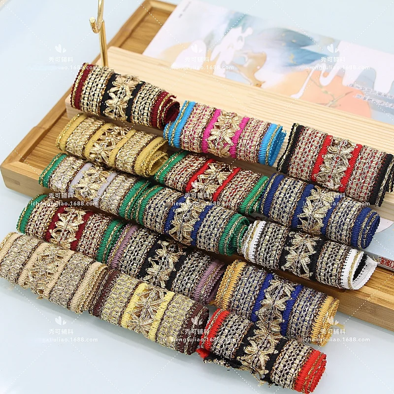 

50 Yards 7cm Wide Ethnic Style Woven Polyester Gold Wire Color Lace Strip Dress Dressing Accessories Gold Webbing
