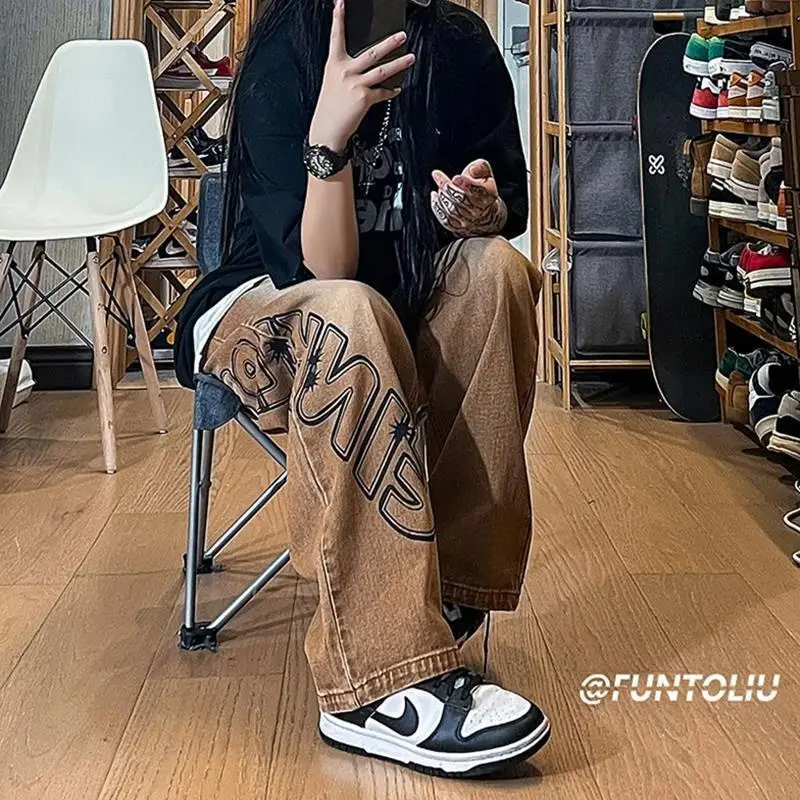 

Streetwear Vintage Jeans High Waisted Light Brown Y2k Fashion Painting Trouser Women's Summer Korean Style Denim Straight Pants