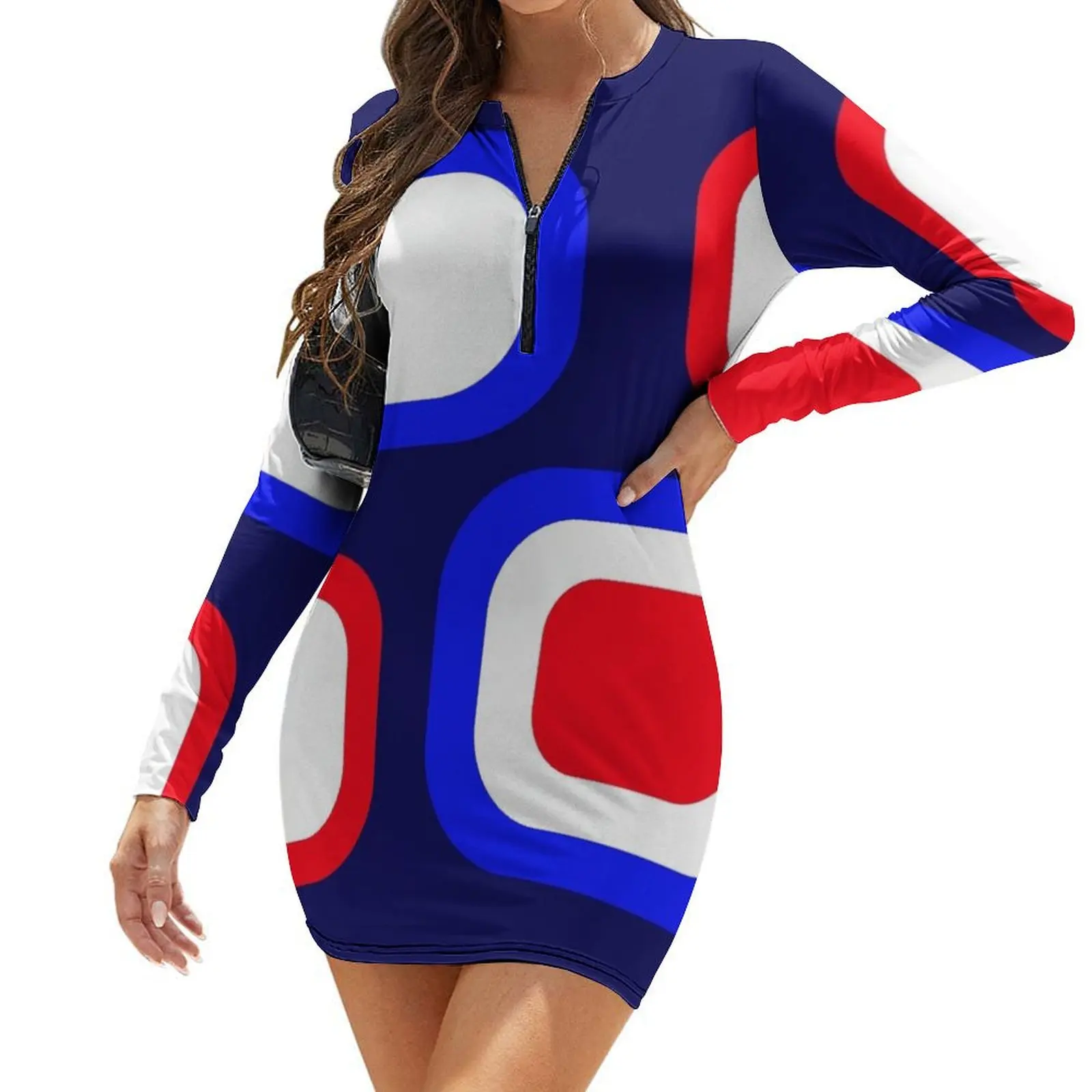 

Retro Red, White and Blue Color Blocks Long-Sleeve Bodycon Dress loose women's dress birthday dress luxury