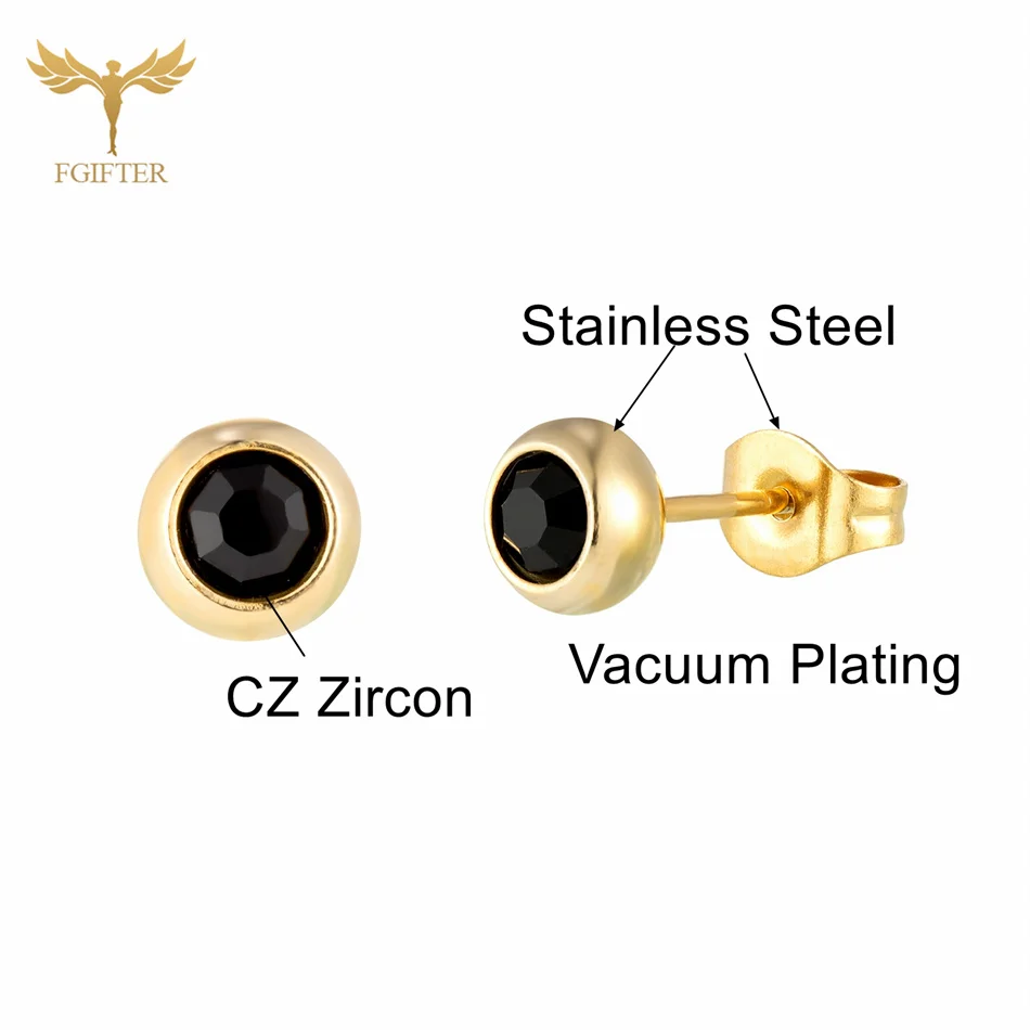 Ensemble de bijoux de piercing en acier inoxydable doré, boucles d'oreilles en cristal noir, clous d'oreille boule simples, accessoires pour femmes, vente en gros, 12 paires