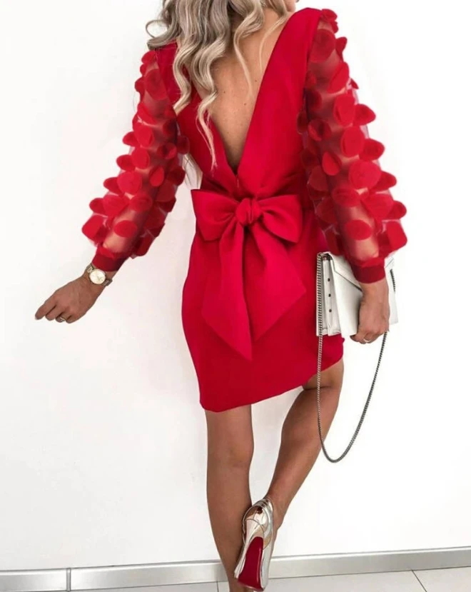 

Women's Dress 2023 Latest Autumn Winter Casual Fashion Round Neck Petal Long Sleeved Design Open Back Bow Decoration Mini Dress