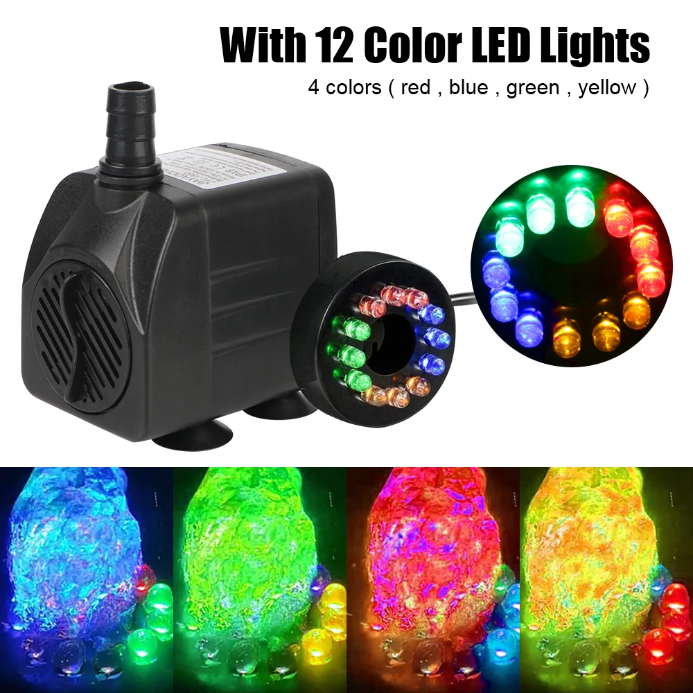 Water Fountain With 12 LED Light Ultra-quiet with Power Cord Submersible for Garden Aquarium Fish Tank Bird Bath