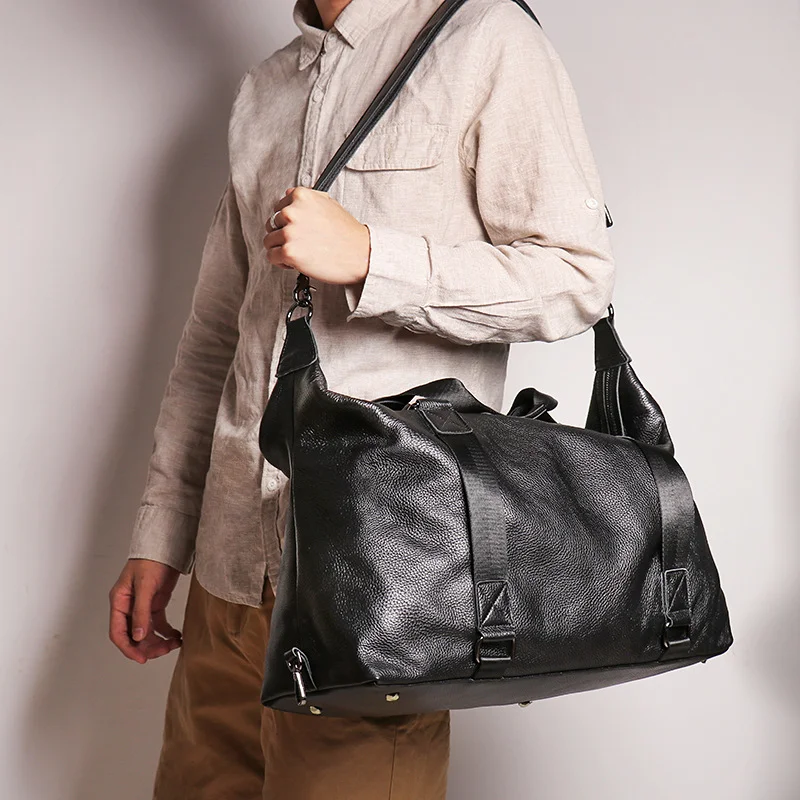 LUOKIR New Men's Leather Travel Bag, Shoulder Crossbody Luggage for Short Business Trips, Large Capacity Genuine Leather Gym Bag