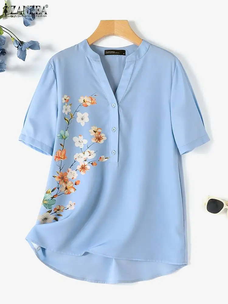 

Women Fashion V Neck Short Sleeve Blouse ZANZEA Summer Floral Printed Shirt Bohemain Tops Tunic Elegant Casual Work Blusas Femme