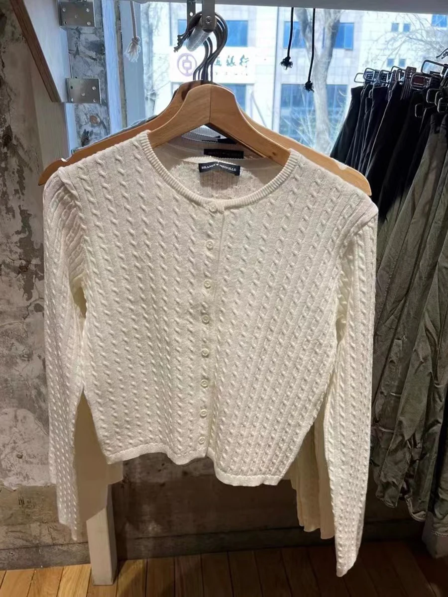 솔리드 컬러 트위스트 니트 카디건 스웨터 라운드 넥 싱글 브레스트 긴 소매 자켓 2023 Ladies Chic Retro Cute Sweater