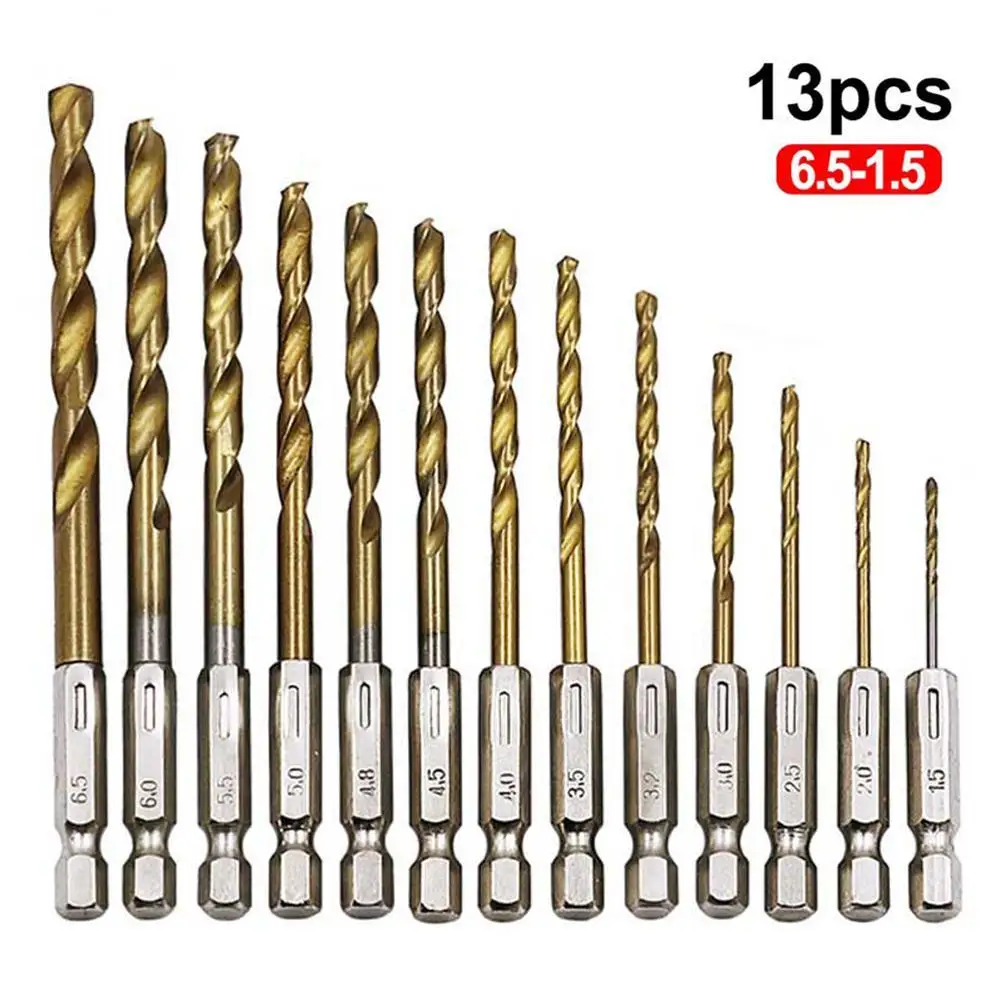 

13pcs Hex Shank Titanium HSS Twist Drill Bit Set For Quick Change Wood Metal Hole Cutter Core Drilling Tool Power Accessories