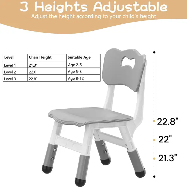 Chairs 2 Pack, 3 Level Height Adjustable Toddler Chairs for Children Boys Girls Age 2-6, Plastic Kids Chair for Home Family Classroom Nursery, Grey