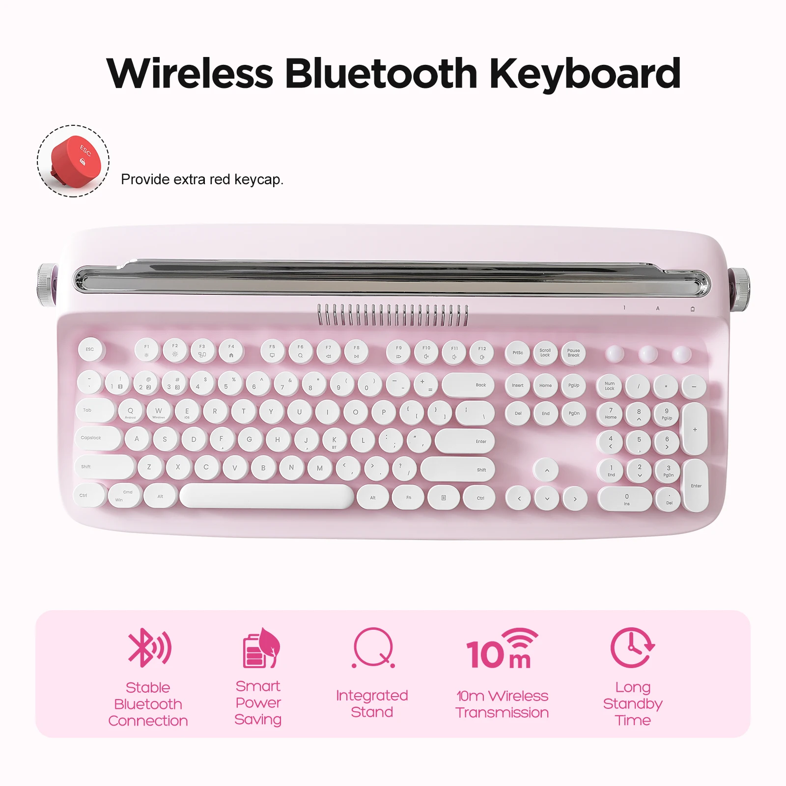 Yunzii-actto B503 Máquina de Escrever sem Fio Bluetooth Retro Teclado Estético com Suporte Integrado para Vários Dispositivos Baby Pink - Imagem 2