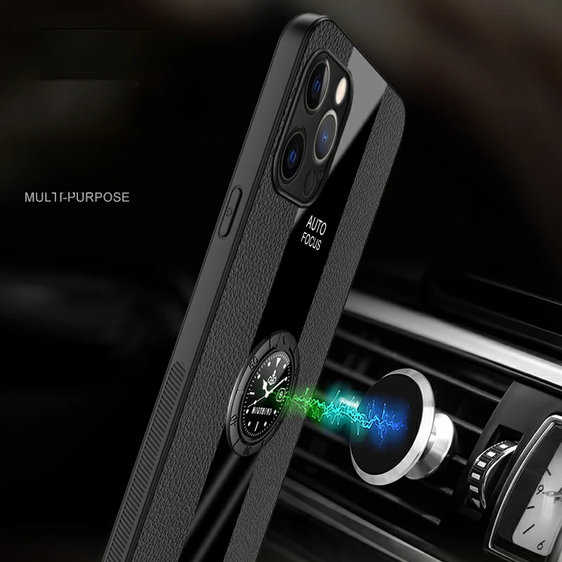 Elegant PU Leather Magnetic Ring Holder Phone Cover with Silicone Matte Bumper