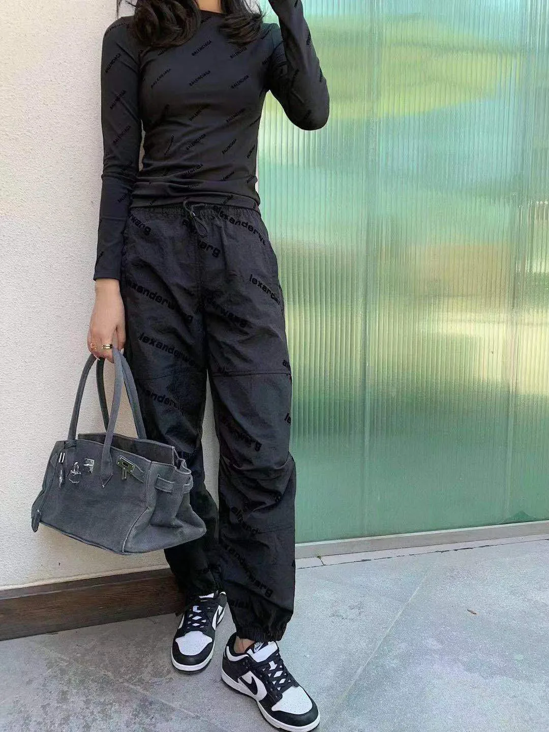 adidas track pants 22 early spring new casual flocking A. letter embellished trousers elastic waist solid color overalls trousers for women