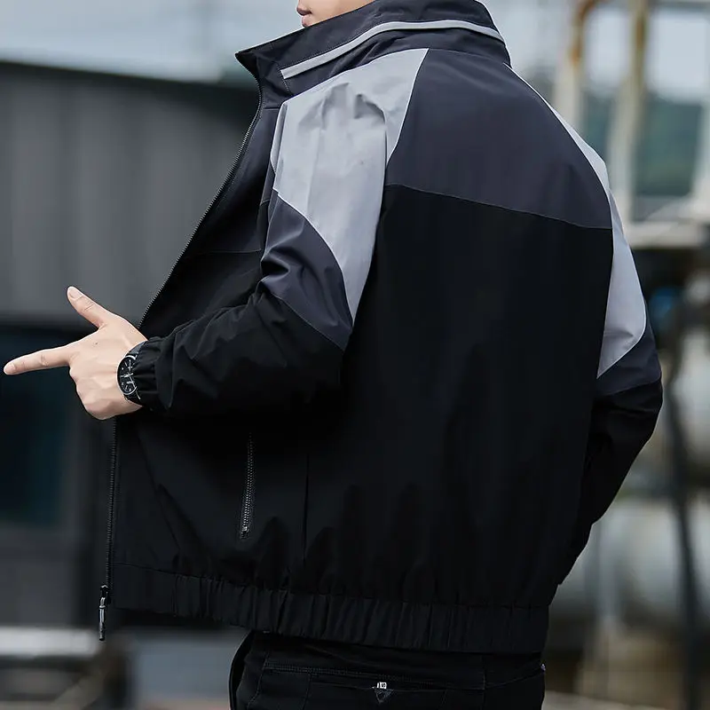 Spring Autumn Stand Collar Long Sleeve Jacket Man Zipper Contrast Color Patchwork Personality Cardigan Thin Style Out Streetwear