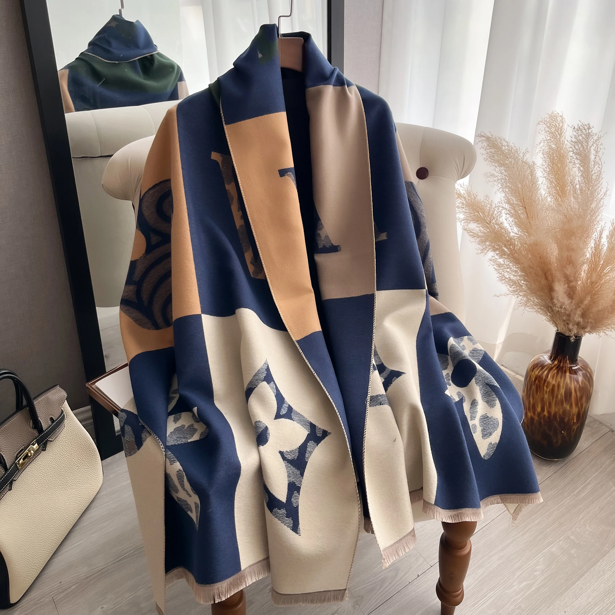 Fresh Floral Print Scarf Imitation Cashmere Shawl Short Beard Soft Comfortable Wrap Shawl Autumn Winter Elegant Warm Scarf