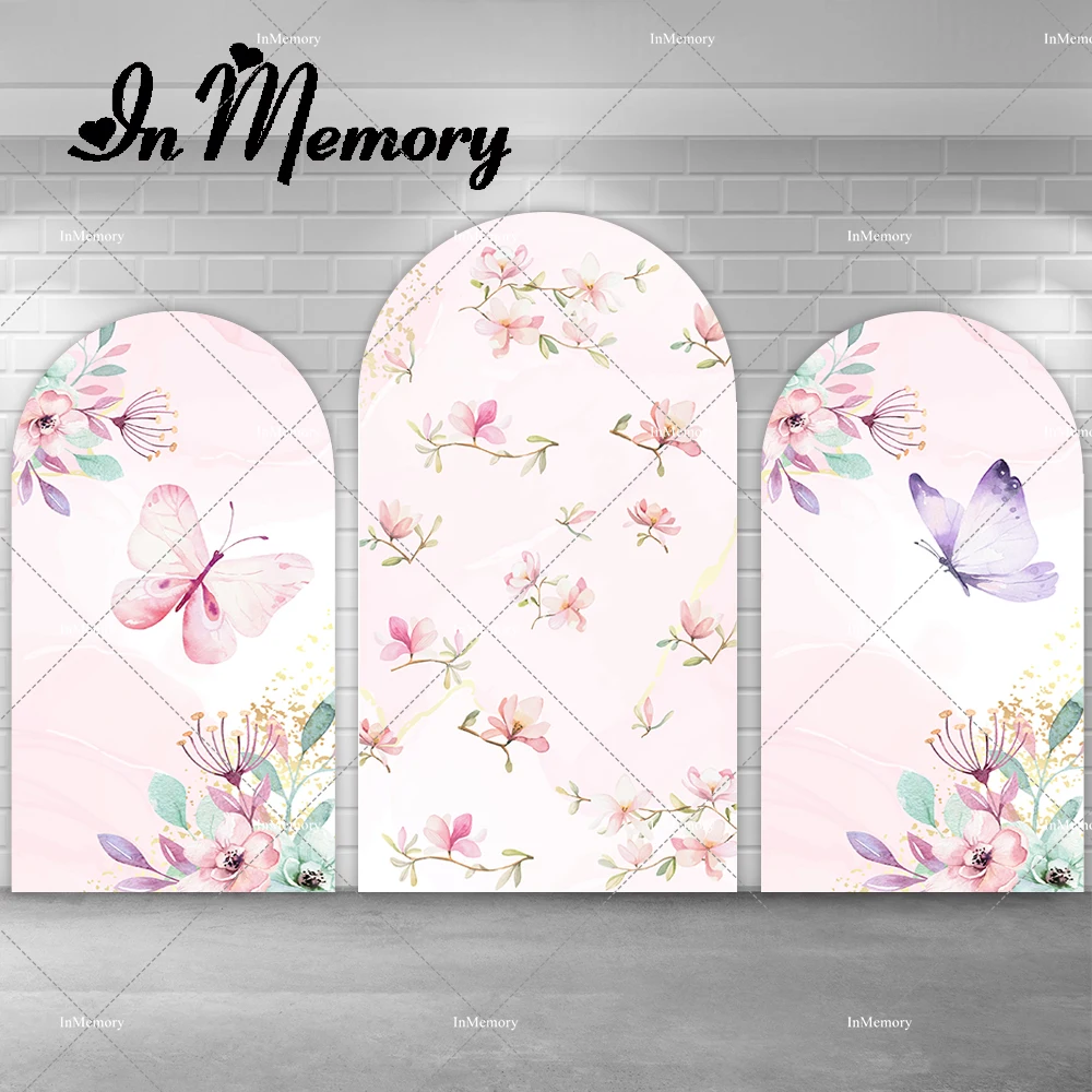 

Pink Flower Butterfly Theme Chiara Arch Backdrop Cover for Girls Newborn Baby Shower 1st Birthday Party Background Arched Banner