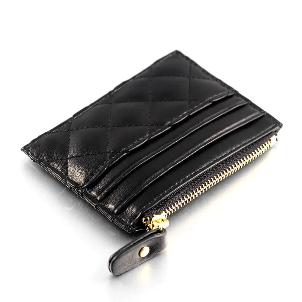 

Grid Zipper Soft lambskin Leather Short Mini Coin Purse Slim Wallet