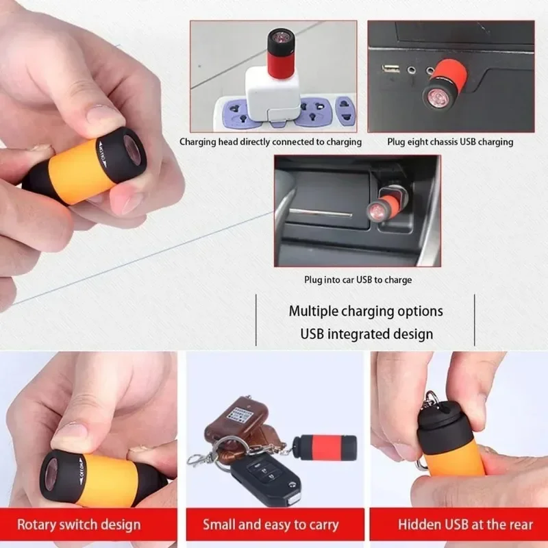 Compact Waterproof Keychain Flashlight - USB Rechargeable LED for Outdoor Hiking and Camping