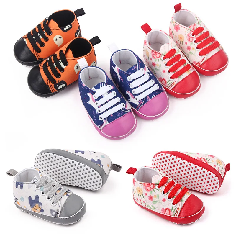 New Baby Sneaker Cartoon Printing Infant Lace-Up First Walker Shoes Neonato Casual Cotton Soft Sole Item Per 0-1 Anni