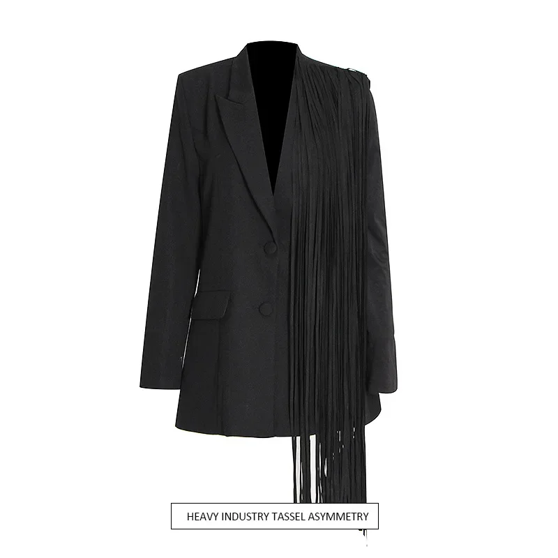 

SuperAen Unique Design Heavy Industry Tassel Asymmetric Coat 2023 Autumn New V-neck Long Sleeve Blazer Coat