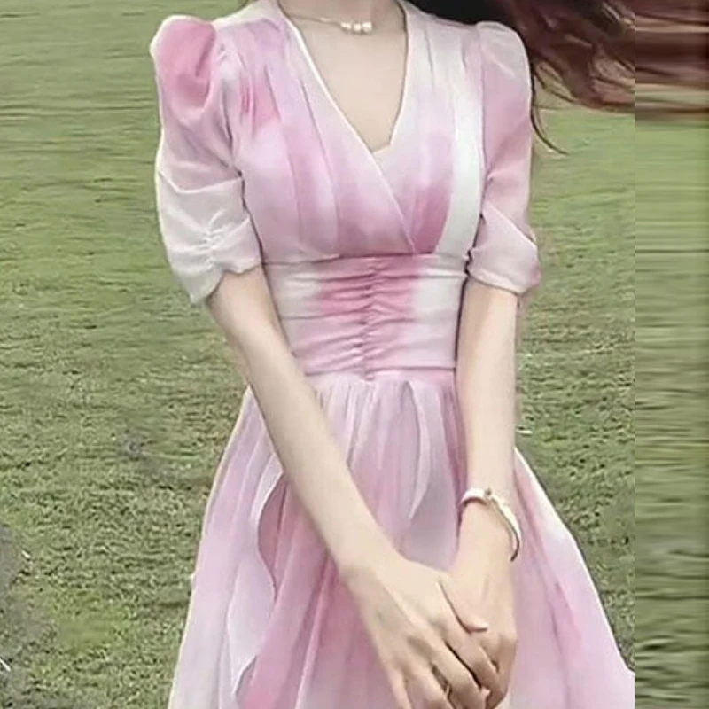 

2023 Summer French Elegant Pink A-line Dress V-neck Puff Sleeve Waist Dress Office Lady Style High Waist Casual Dress for Female