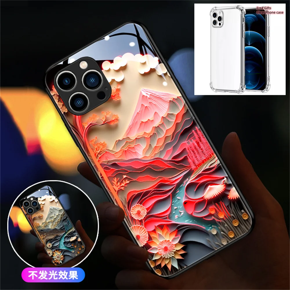 

Fujiyama Pattern Voice Sensing LED Light Up Glowing Luminous Phone Case For iPhone 14 13 12 11 Pro Max X XR XS 6 7 8 Free Gift