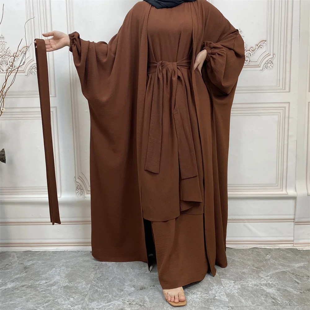 3 Pieces Matching Outfit Muslim Sets Crinkle Crepe Abayas for Women Dubai Turkey Open Abaya Hijab Dress Wrap Skirt African Islam