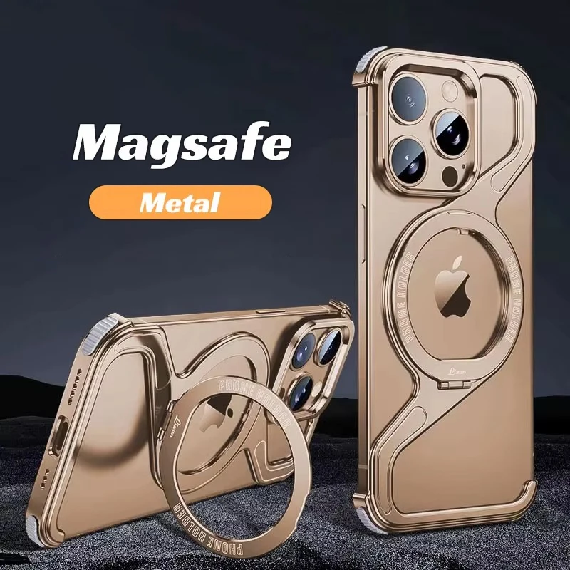 Z Shape Metal Frame MagSafe Phone Case For iPhone 16 15 14 13 Pro Max 16Plus Aluminum Frameless Magnetic Holder Shockproof Cover