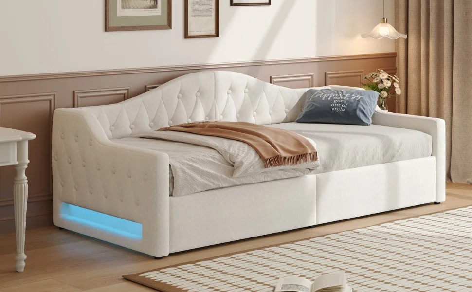 Gepolstertes Tagesbett 90x200 mit LED-Band und Stauraum darunter, beige Kombiartikel MDF, Sperrholz, gepolstert – Detail 10