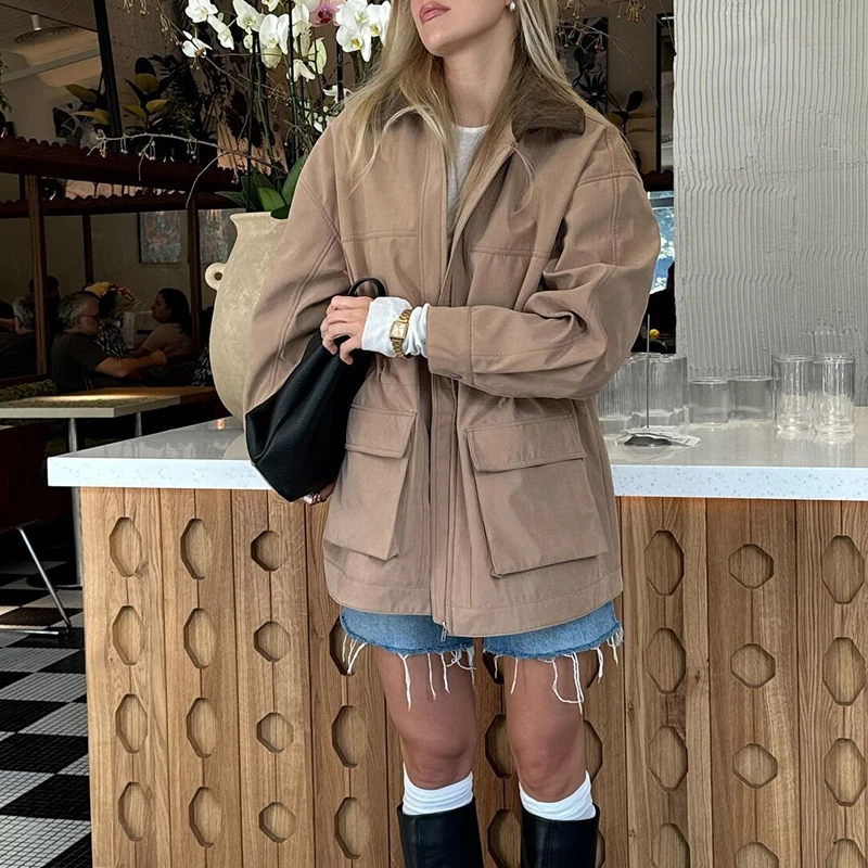 Khaki Jackets Women's Coat inszarts 2024 Pockets Long Sleeve Outwear Casual Loose Outerwear Elegant Fashion Woman Overcoat Tops