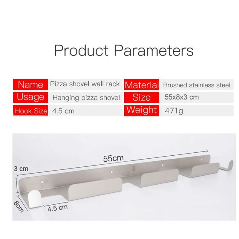 SHANGPEIXUAN Pizza Peel Wall Rack Brushed Stainless Steel Pizza Peel Wall Mounted Hanger Heavy Duty Shovel Holder Rack