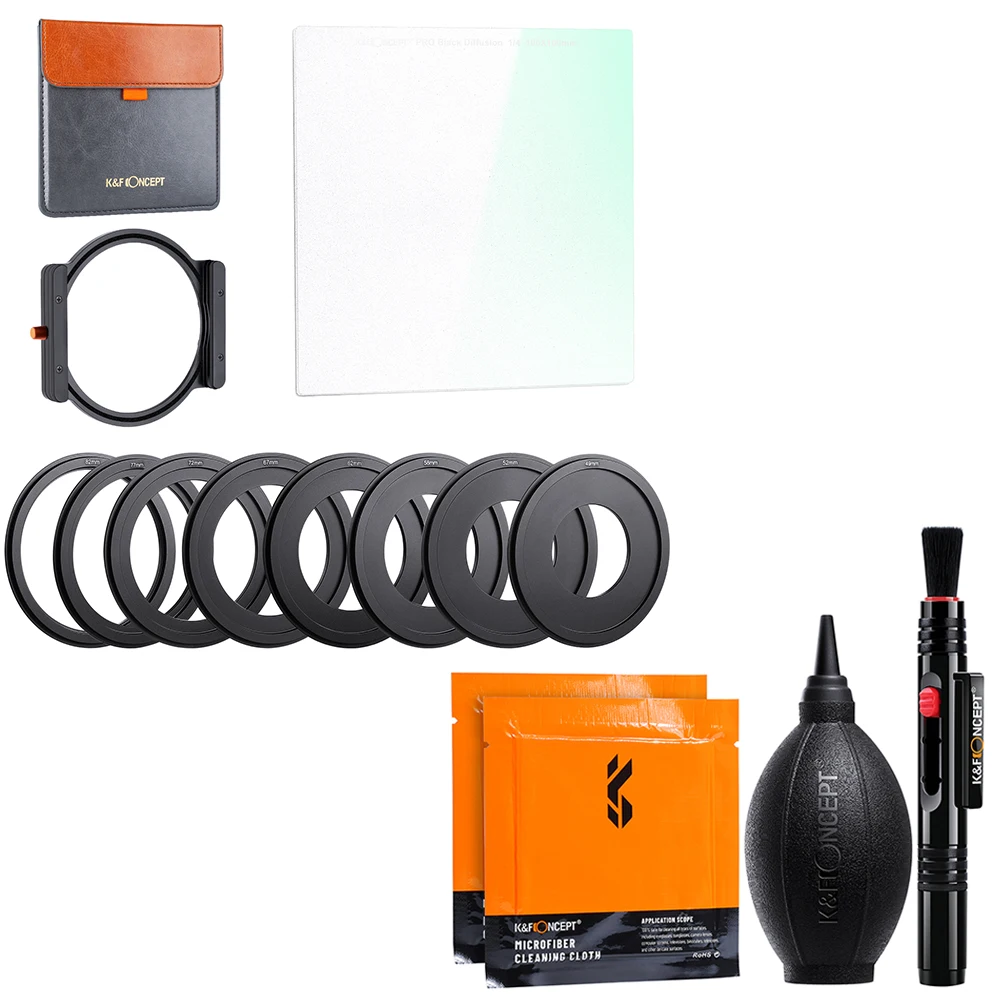 

K&F Concept 100mm Square Black Diffusion 1/4 Special Effect Filter+Metal Holder+8xAdapter Rings for Video Portrait Photography