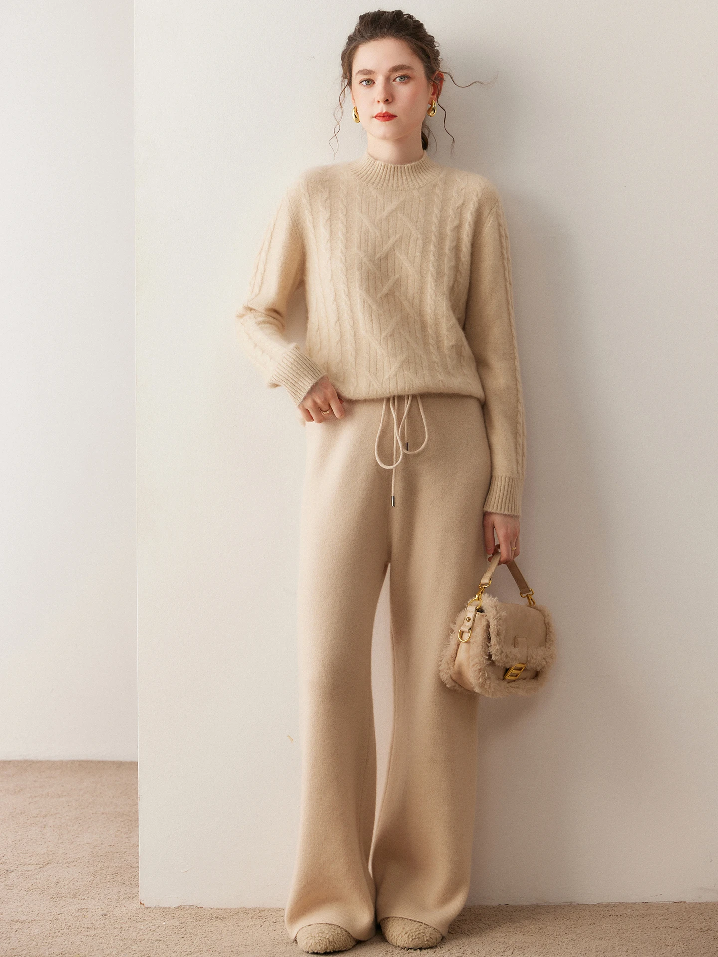 TLOML Autumn Winter Women's 100% Cashmere Wide Leg Pants Simple Style Waist Drawstring Trousers Soft Warm Thick Cashmere Pants