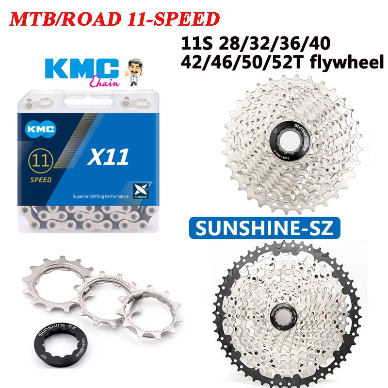 

SUNSHINE 11V Road Bike Cassette 11 Speed 28/32/36/40/42/46/50/52T Bicycle Freewheel MTB Sprocket KMC X11 Freewheel/Chain Kit