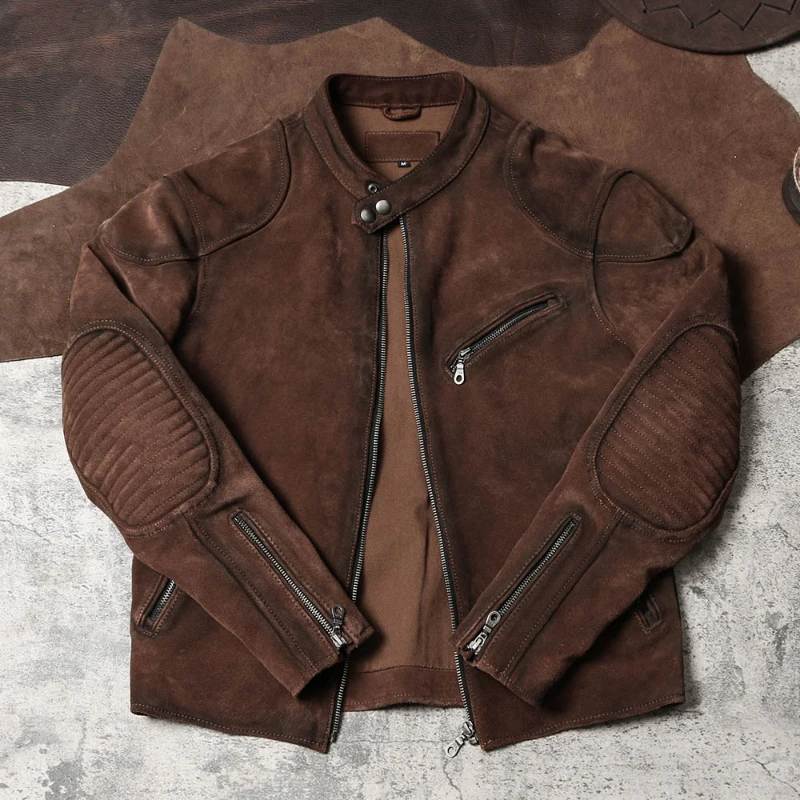 

Jacket Men's Suede Thickened Soft Cowhide Stand Collar Leather Coat Slim Brown Retro Casual Distressed Short Autumn and Winter