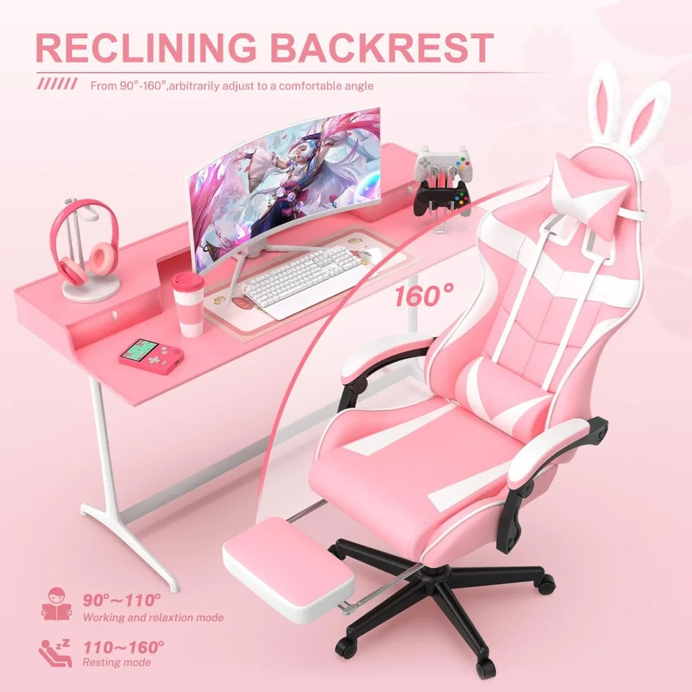 Pink Gaming Chair with Footrest, Bunny Ears, Ergonomic Design, Adjustable for Girls Women