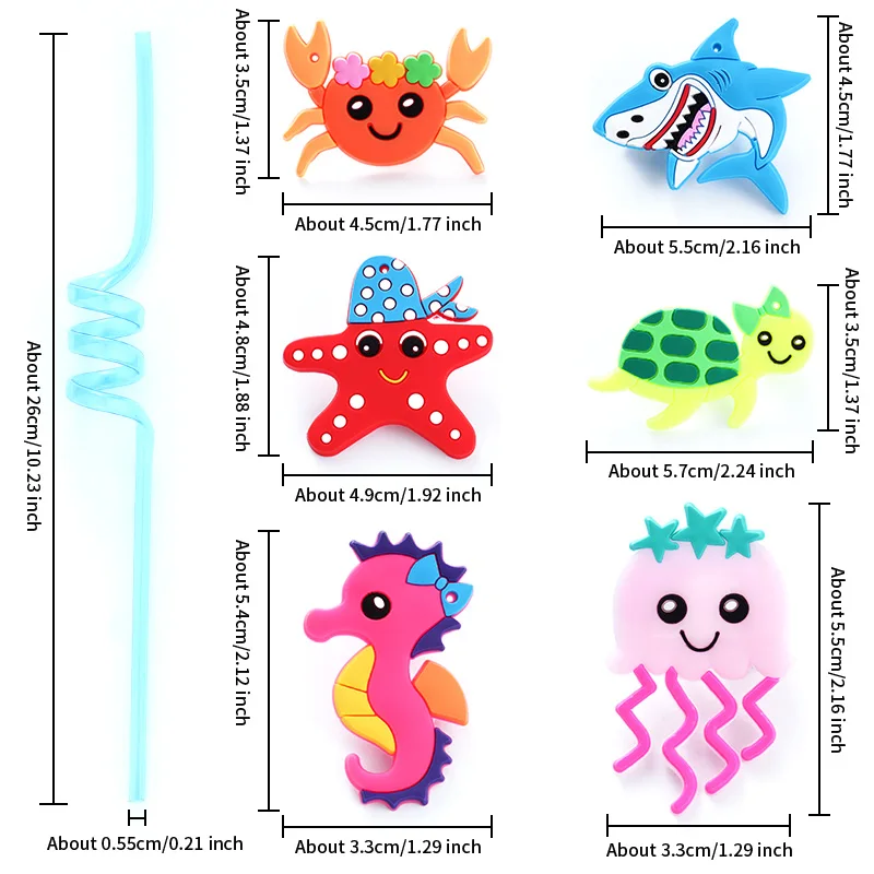 Set of 12 Reusable Spiral Straws with Adorable Marine Animal Caps - Perfect