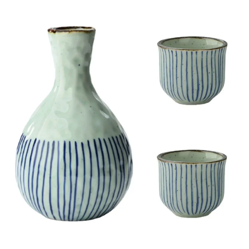 400ml Round Striped Sake Hip Flask Japan Korean Creative Hand-Painted Ceramic Bar Set 1 Pot 2/4 Cups Shochu Drinkware Bottle