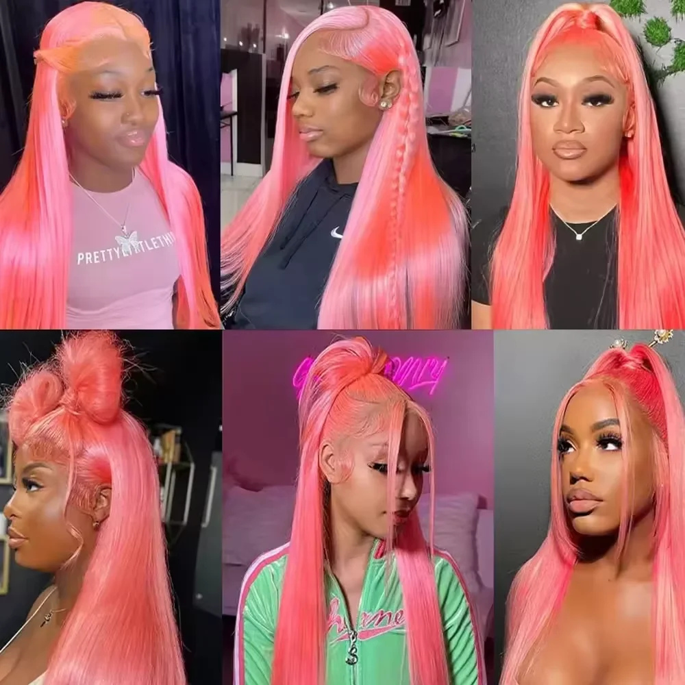 250% Density Light Pink Bone Straight Pink Human Hair Wig 30 Inch 13x6 HD Transparent Lace Frontal Wigs Real Human Hair 4
