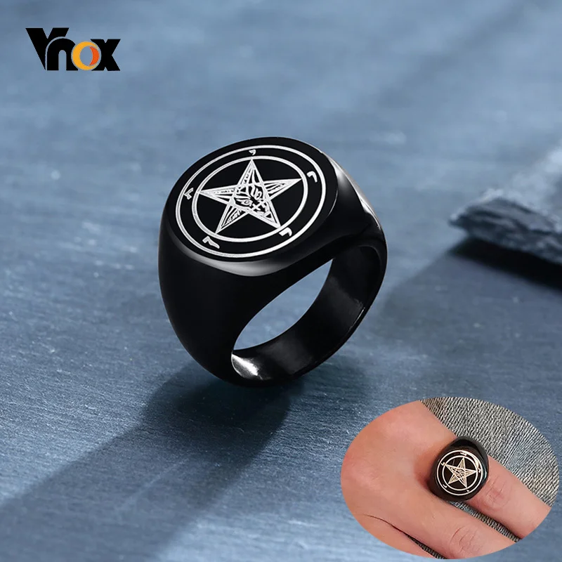 Vnox Men's Cool Satan Lucifer Signet Rings Black Color Stainless Steel Rock Punk Custom Engrave Male Jewelry luxury black belts for men leather metal automatic buckle rachat cowskin waistband casual business male straps barry wang