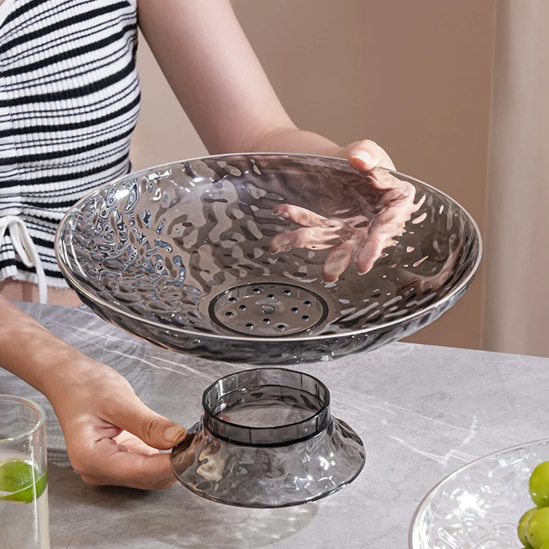 1PC Modern Style Fruit Tray Transparent Ripple Round Drain Fruit Basket Kitchen Counter Table Centerpiece Decorative Home Decor 3